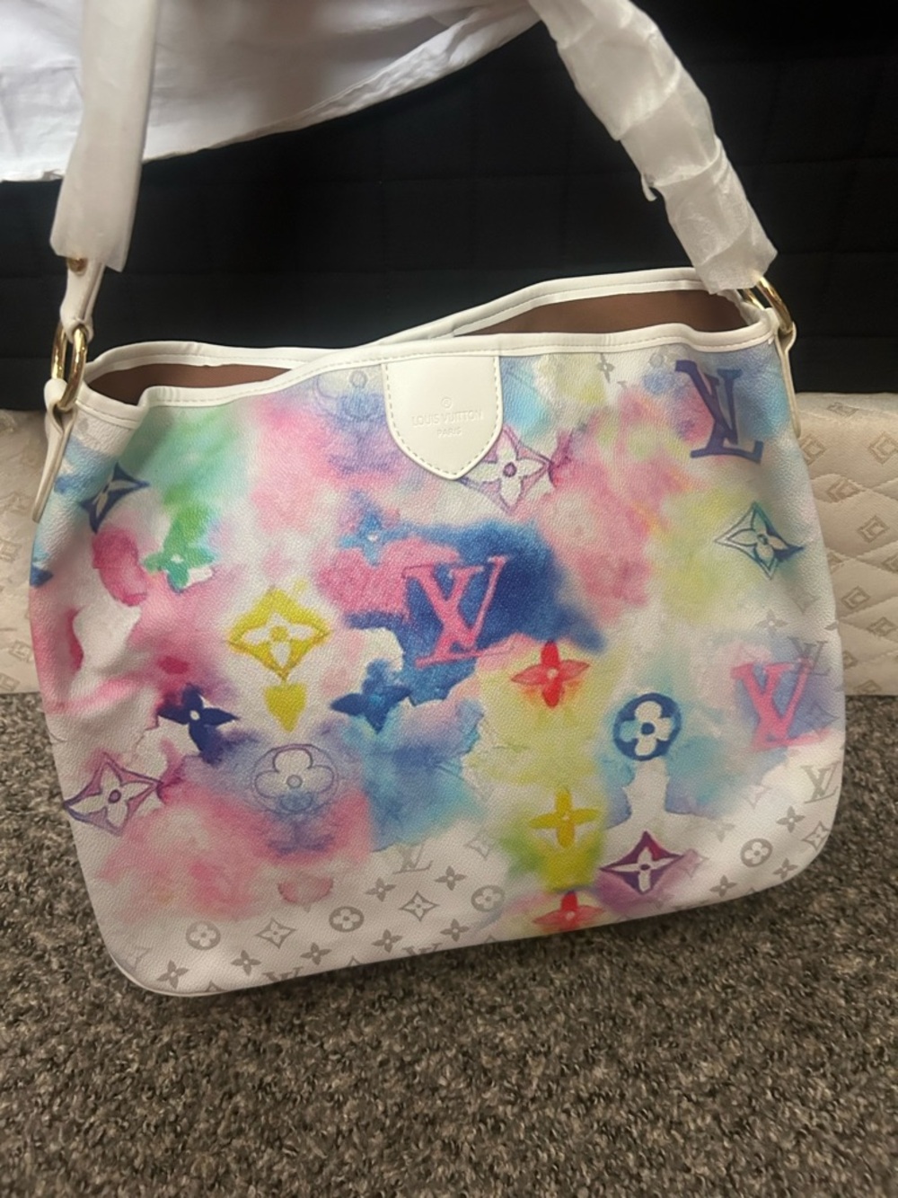 White Multicolor Watercolor Monogram Shoulder Bag